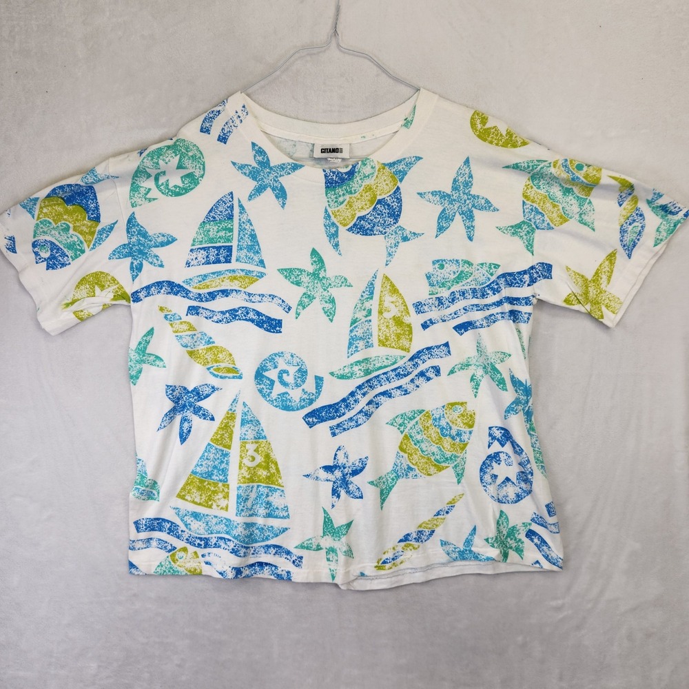 Vintage Gitano Single Stitch All Over Print Nautical T-Shirt Made in USA White‎